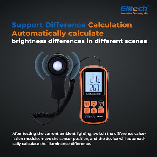 Elitech LM-200 digital light meter with LCD display, handheld illuminance meter measuring up to 200,000 lux and temperature