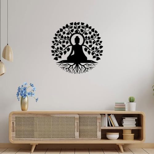 LIKEUDO 40cm Tree of Life with Buddha Wall Hanging - Metal Art Decoration for Living Room - Bodhi Tree and Buddha Wall Plaque 40L x 40W cm