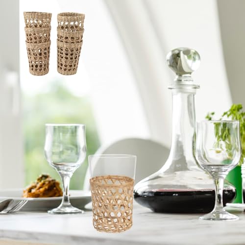 6 PCS Wicker Woven Cup Holders Anti Scald Hollow Handmade Straw Woven Glass Drink Cup Sleeve for Glass Bottles Plastic Cups Mugs Office Home Decor