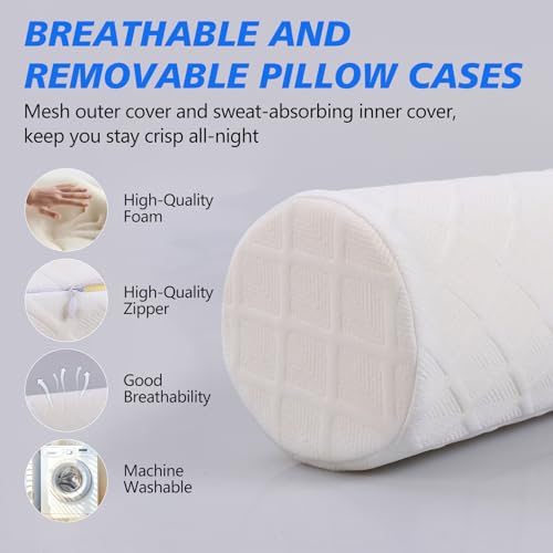 Cozyhealth Cervical Roll Pillow, Medium Soft Memory Foam Neck Round Pillow Cylinder Bolster Pillow for Sleeping, Round Neck Support for Bed, Legs, Back and Yoga (White, Large - 4.7" H) White