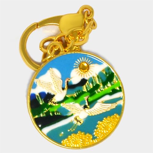 Fengshuibringluck Feng Shui Double Cranes Aspiration ＆ Longevity Amulet Keychain Round Key Ring, Small, Green