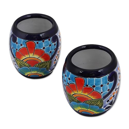 NOVICA Artisan Handmade Ceramic Juice Talavera from Mexico Multicolor Tableware Drinkware Tumbler Water Cocktail Hacienda 'Raining Flowers'(Pair)