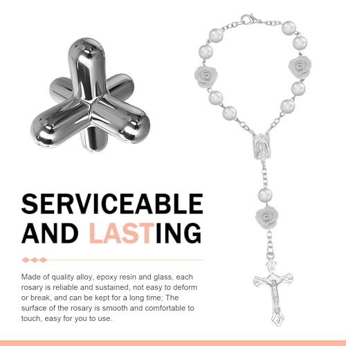 2 PCS Car Rosary Rearview Mirror, Personalized Blessing Rear View Mirror Hanging Decors, Rose Cross Rosary Car Interior Decor, Universal for Most Cars (White) 2 PCS White