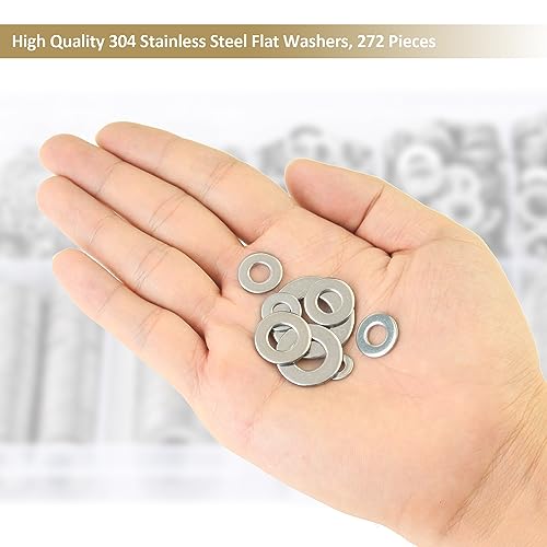 Kindroufly 304 stainless steel flat, fender, and lock washers assortment kit in 8 sizes, 272 pieces
