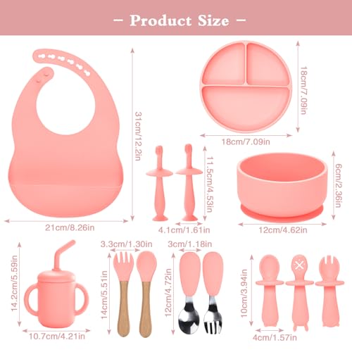 Silicone Baby Feeding Set - 13PCS Essentials With Suction Bowl, Plate, Spoons, Forks, Bib, Cup, Toothbrush - Led Weaning Supplies for 6+ Months Eating (Pink) Pink