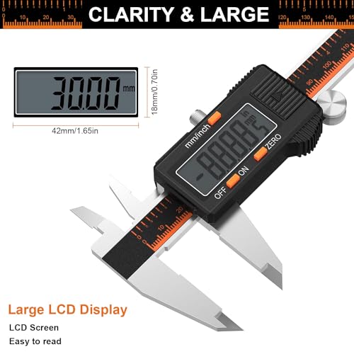 HARDELL Digital Caliper 150 mm, Digital Calliper Made of Stainless Steel, LCD Display, mm/Inch Conversion, Zero Adjustment, Splash-proof & Dustproof, for Workshop, 3D Printing and Car Black 150mm