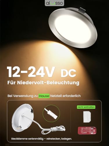 Alusso 12-24 V LED Recessed Ceiling Spotlight, IP44 Furniture Recessed Spotlight, Flat | 4 W, drill hole 55-58 mm and 14.5 mm flat, 3000 K warm white 4000 K neutral white 6000 K cool white, nickel, set of 3 Nickel, 12 V, Ø 55 – 58 Mm, Pack of 3 3er Set