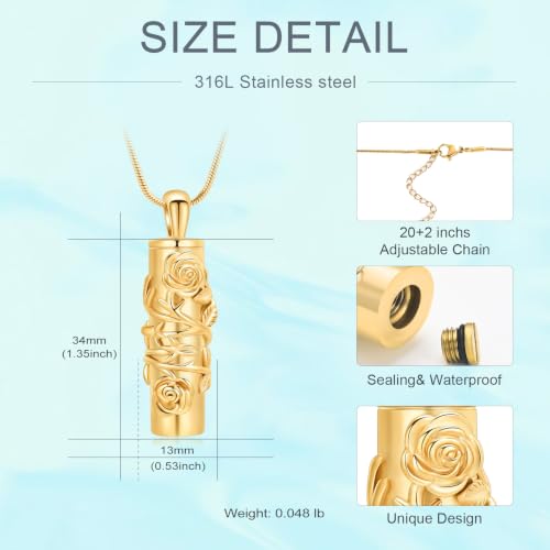 Cylinder Urn Necklace for Ashes Roseflower Cremation Jewelry Urn Ashes Necklace for Women Men Memorial Keepsake Necklace of Loved One Gold