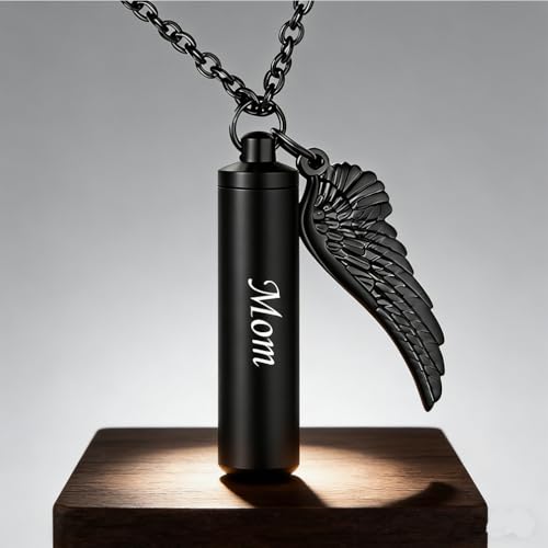 Black Bullet Urn Necklaces for Ashes Angel Wing Charm Cremation Jewelry Stainless Steel Keepsake Memorial Pendant Grandpa