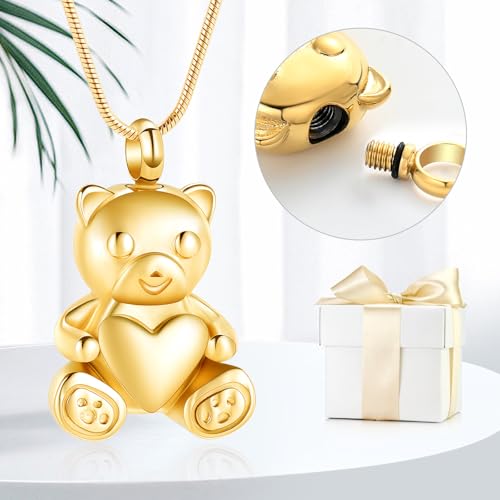 Cremation Jewelry - Teddy Bear Urn Necklace for Men Women with Mini Keepsake Urn Memorial Ash Jewelry Gold