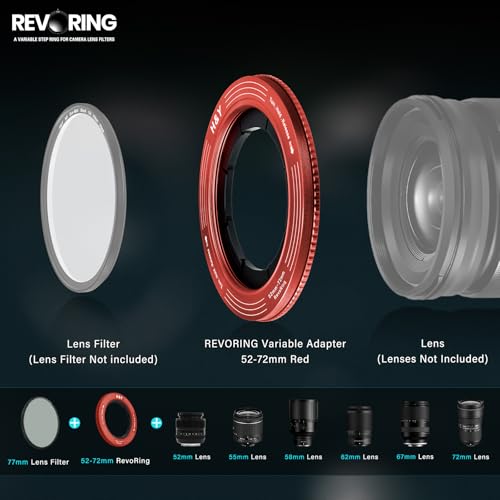 H&Y RevoRing Adjustable 52-72mm to 77mm Step Up Ring for Filters | 52-72mm to 77mm Variable Step Up Ring, Secure Turn-Hold Lock, Lens Filter Adapter Ring, Aluminum, Red