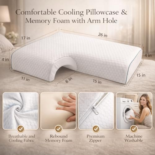 Side Sleeper Pillow with Arm Hole, Memory Foam Side Sleeper Pillow for Neck Shoulder Pain Relief, Washable Cover, 2 Pillowcases (Right) Right