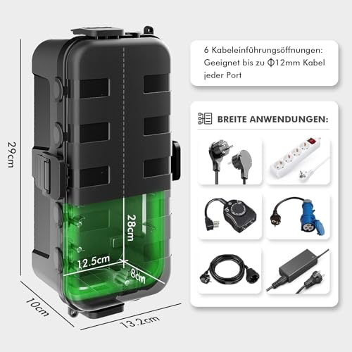 RESTMO Medium IP54 Cable Box, Waterproof, Weatherproof Cable Box, Outdoor | Ideal for protecting outdoor extension cables, power strips, outdoor sockets, angled plugs (29 x 13.2 x 10 cm), black 1 Stück