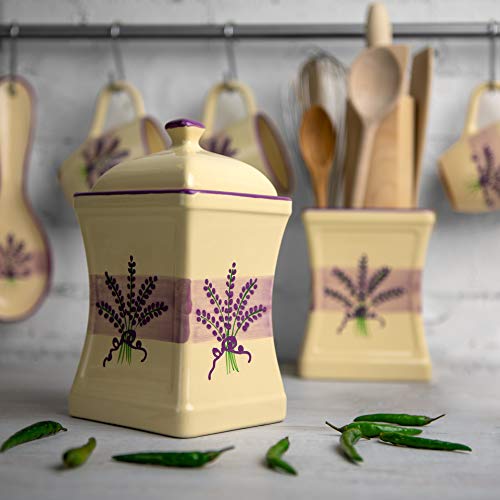 City to Cottage Handmade Lavender Floral Purple and Cream Large Ceramic 31.5oz/900ml Kitchen Storage Jar with Lid | Pottery Canister, Cookie Jar, Housewarming Gift
