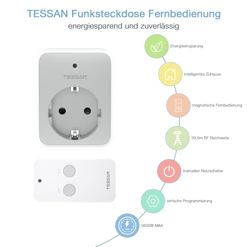 Tessan Radio Sockets with Remote Control, 30.5 m Range, Grey | Socket with remote control, 3600 W inside, switchable with magnetic, programmable gray 1-pack