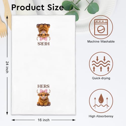 WUUCK00 2pcs Highland Cow Funny Kitchen Towel, Cute Cow Dish Tea Hand Kitchen Towel for Animal Lover Wife Husband, Christmas Housewarming Gifts for Neighbor, Country Farmhouse Home Decor for Family White5