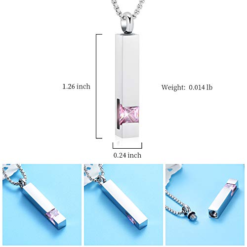 Oinsi Urn Necklaces for Ashes Crystal Cremation Urn Jewelry Birthstone Cube Urns for Human Ashes Memorial Ashes Necklace Pendant Keepsake CZ Bar Urn Locket for Men Women Sliver (Pink Stone)
