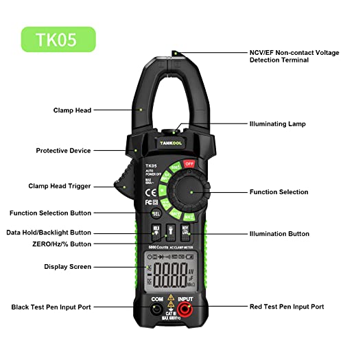 Current Meters, Digital Intelligent Current Clamp AC, 6000 Meter TRMS, with NCV Detection, Resistance, Capacitance, Diode, Measures AC/DC Voltage, Resistance