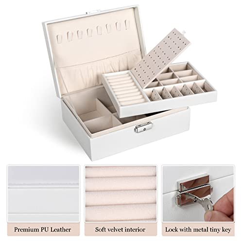 Jewelry Box for Women Girls, 2 Layers Jewelry Organizer Container with Lock, PU Leather Storage Case with Removable Tray, Jewelry Display Box for Necklaces Earrings Bracelets Rings Watches - White