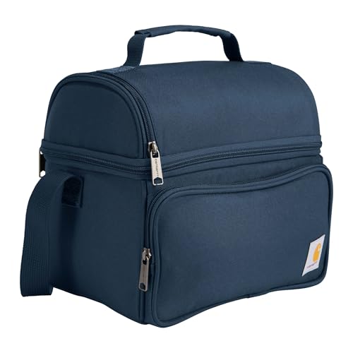 Carhartt Navy insulated lunch cooler with two compartments, durable fully-insulated design for 12 cans, portable and practical.