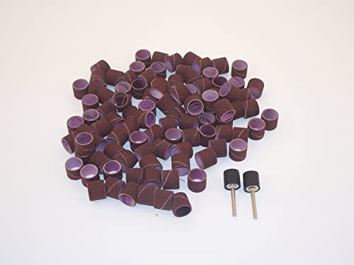 TMAX 100pcs 1/2 Inch Sand Drum 60 Grit Coarse with 2pcs 1/8 Inch Mandrel for Dremel Rotary Tools | Sanding sleeves for drum sanders with rubber mandrel | 3.175 mm shank | For removing unevenness and rounding edges 1/2" #60