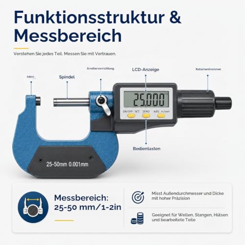 Digital Outside Micrometer, 25-50 mm/1-2 Inch LCD Micrometer, Electronic Digital Micrometer Caliper, Thickness Gauge, Length Measuring Tool 0.001 mm (0.00005 Inches)