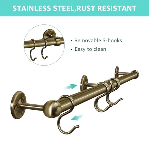 ROTHLEY Stainless Steel Hanging Pot Rack Hanger: 23.7 Inch Pot and Pan Hanger Wall Mounted Hanging Pot Bar Rack Heavy Duty Pot Hangers Kitchen Rail with 8 S Hooks (Antique Brass) Antique Brass