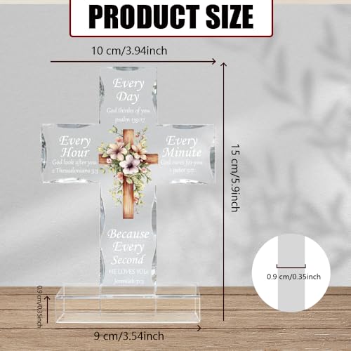 WEBEEDY Floral Acrylic Cross Christian Religious Gift for Women Men, Biblical Verse Standing Coss Decor with Base, Bible Scripture Inspiration Gifts Home Office Desk Decor, 10x15cm
