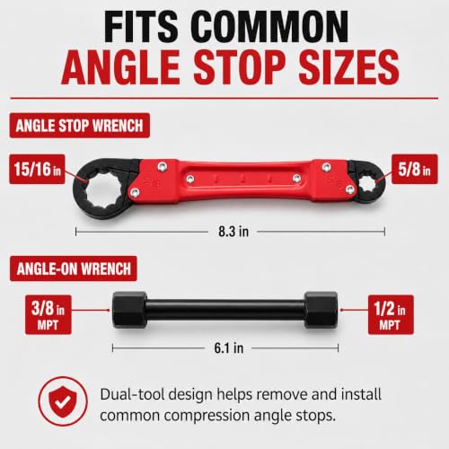 Vondura 8-piece angle stop wrench kit with compression sleeve puller and socket wrench set contents