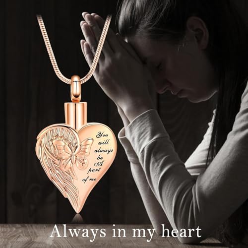 zeqingjw Heart Cremation Jewelry for Ashes Butterfly Urn Necklace for Women Loved Ones Ash Holder Keepsake Gift Memorial Pendent for Human Ashes Rose Gold