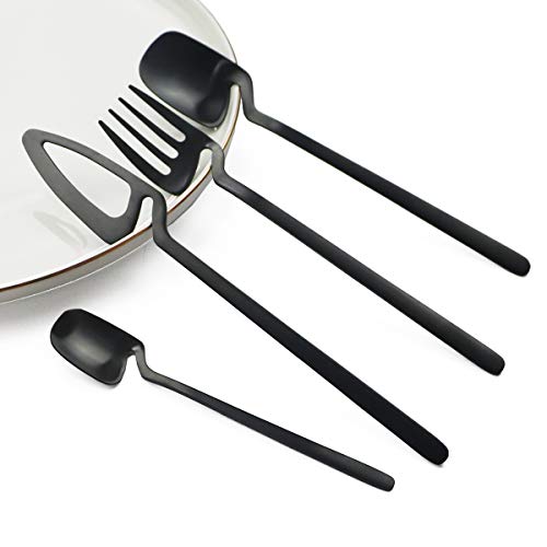 JASHII Hangable 24-Piece Silverware Set, Satin Finish Flatware Cutlery Set Service for 6, Knives/Forks/Spoons Included, Dishwasher Safe (Matte Black) service 6