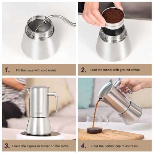 wedrink Stovetop Espresso Maker 4 Espresso Cups Stainless Steel Moka Pot for Greca, Induction, Electric & Gas Stoves(6.5 OZ/200ml) Silver