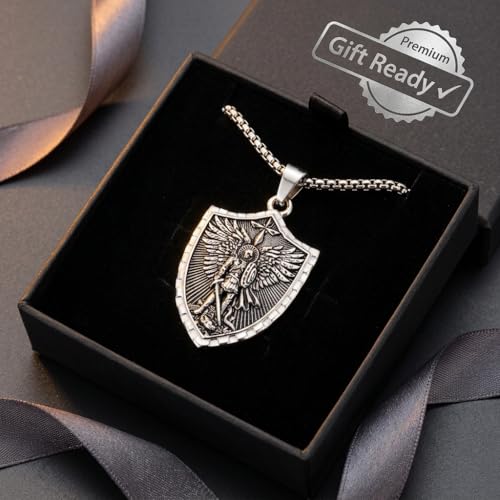 Stainless Steel St. Michael Shield Pendant Necklace for Men - 23.6Inches (60 cm), Antique-Finish Archangel Michael Protection Amulet, Religious Gift for First Responders