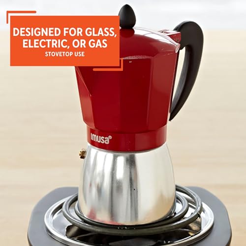 Imusa USA Red Aluminum Stovetop 6-cup Classic Italian and Cuban Espresso Maker (B120-43T), Silver/Red 6 Cup