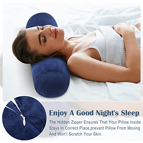 Remerry 2 Pcs Velvet Neck Roll Pillow Covers, 18 x 6 Inches, Navy Blue