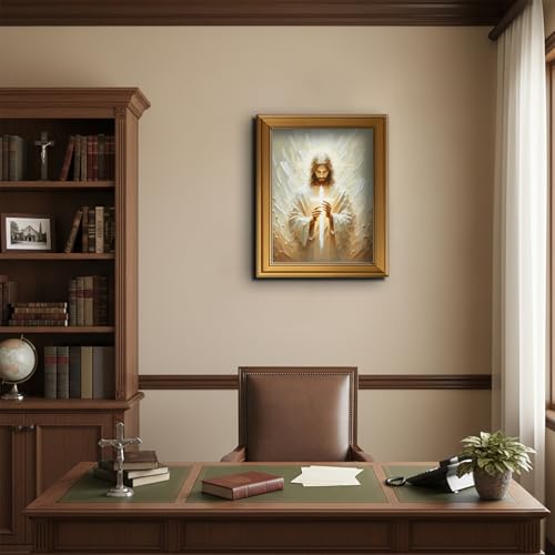 Golden Framed Jesus Wall Art Christian Canvas Painting Jesus Holding Cross Religious Wall Decor Cross Poster Prints Stripe Painting Picture for Living Room Bedroom Church Home Decoration 12x16 Inch white-poster 12"L x 16"W