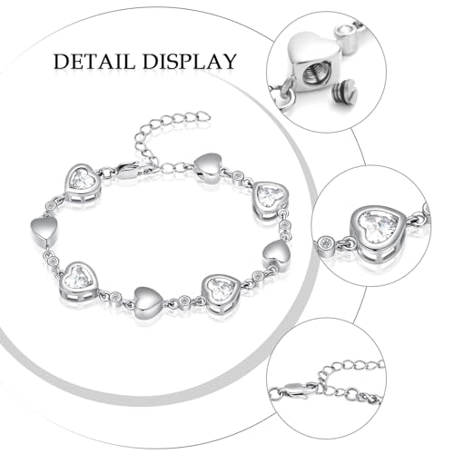 Heart Shape Urn Bracelet for Ashes Birthstone Heart Bracelet Cremation Jewelry Urn Bracelet for Ashes Keepsake A-Silver+White 24cm