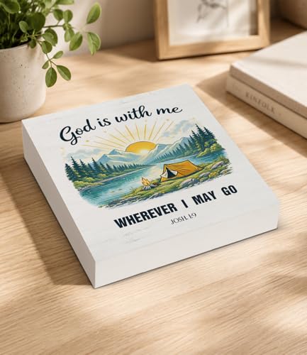 Christian Bible Verse Desk Decor, Farmhouse "God Is With Me" Josh. 1:9 Wooden Sign, Scripture Table Decor for Women Men Home Office Shelf Living Room Religious Gifts 5×5Inch Christian_01