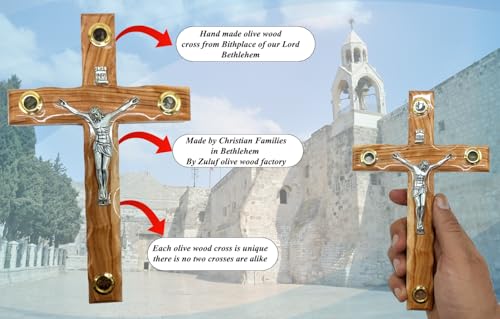 Zuluf 7.8" Catholic Wall Crucifix Olive Wood Cross with Metal Jesus Corpus – Handmade Christian Wall Hanging with Holy Land Elements & Certificate – Bethlehem Religious Gift CRS043 7.9"L x 4.7"W