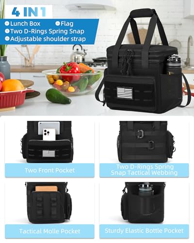 Black holuxer tactical large lunch bag with soft material, designed for men, featuring ample space for meals and snacks.