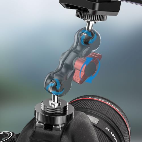 SOH Hot/Cold Shoe Phone Mount Holder, Universal 2 Ball Head Smartphone Mount Adapter, Cold Shoe Phone Clip Mount for iPhone 17/16/15, DSLR Camera LCD Camera Cage Flash LED Light Microphone and More BLACK&RED