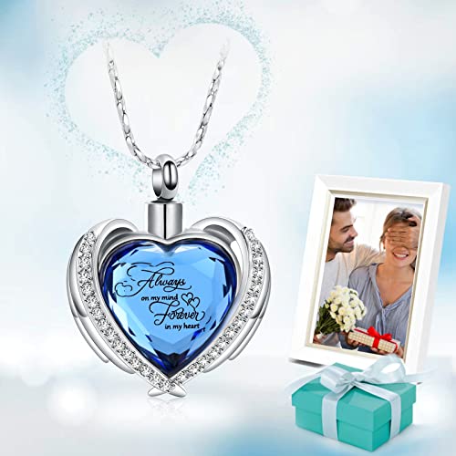 Cremation Jewelry for Ashes Pendant - Crystal Heart Urn Necklace with Mini Keepsake Urn Memorial Ash Jewelry Always-Silver-Blue
