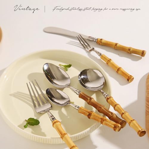 Bamboo Silverware Set 18/10 Stainless Steel Tableware Set Natural Flatware Spoon Fork Knives Bamboo Handle Cutlery for Kitchen Utensil Wedding Home Restaurant Party (5 piece for 1) 5 piece for 1