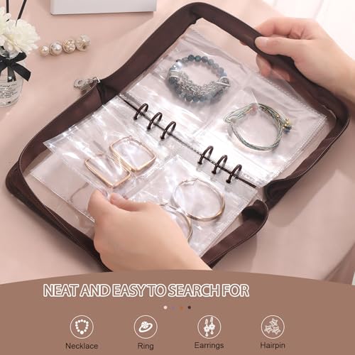 Jewelry Storage Book Transparent Earring Organizer Book travel jewelry organizer Book for Earrings Necklace Bracelet Ring, Brown Brown jewelry book + Large jewelry bags 48 PCS