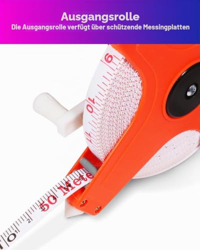Tape Measure 50 m / 165 ft, Tape Measure 50 m with Fold-Out Crank, Inch/Metre Tape Measure, Fibreglass Tape Measure with Centre Tip, Roll Tape Measure with Folding Lever, Marked on Both Sides | Zoll/Meter Bandmaß, Rollmaßband Fiberglas mit Zentrierspit...