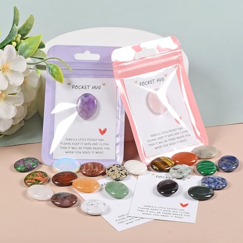 28 Sets Bulk Pocket Hug Little Oval Worry Stone Keepsake Exchange Relationship Cards for Colleagues Family Distance Social Celebration of Life Gift 28 Oval
