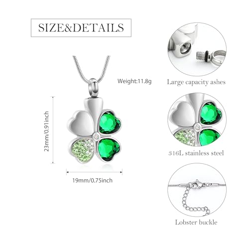 Lucky Four Leaf Clover Urn Necklace for Ashes Cremation Jewelry for Women Men Stainless Steel Memorial Necklaces Ash Holder for Human Pets Keepsake Jewelry for Loved Ones with Fill Tool Silver