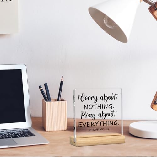 Christian Desk Decoration, Gifts for Christian Women, Spiritual Quotes Bible Verse Decor,Inspirational Prayer Decoration, Acrylic Sign With Wooden Stand for Home Farmhouse Office 4 x 4 Inches Philippians 4:6