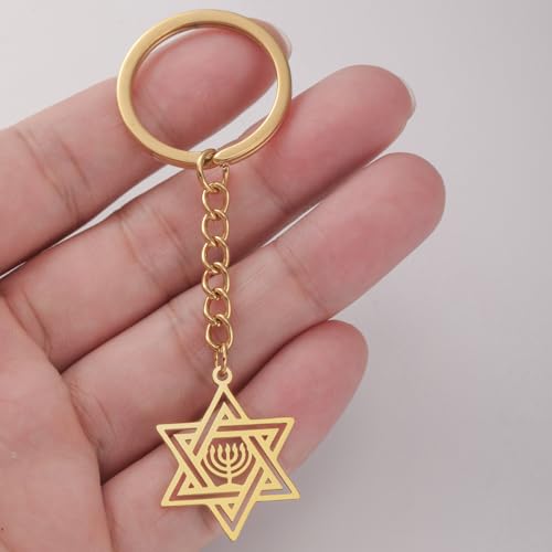 VASSAGO Star of David Keychain for Women Men Jewish Star Menorah Keyring Stainless Steel Hanukkah Keychain Israel Religious Jewelry Gold
