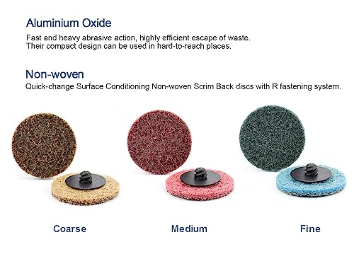 COSPOF 2 inch sanding discs assortment with brown coarse, red medium, blue fine discs and 1/4-inch pad holder